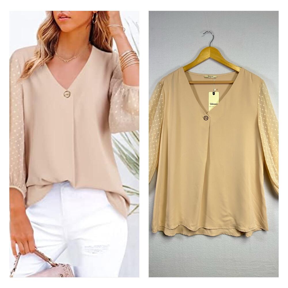 Bebonnie Woman's Chiffon Beige/Tan Blouse Lantern 3/4 Sleeve‎ XL Elegant Dressy